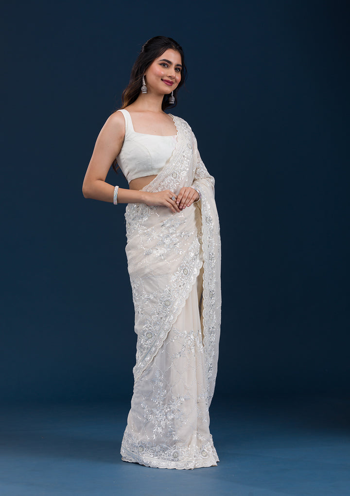 Cream Threadwork Chiffon Saree