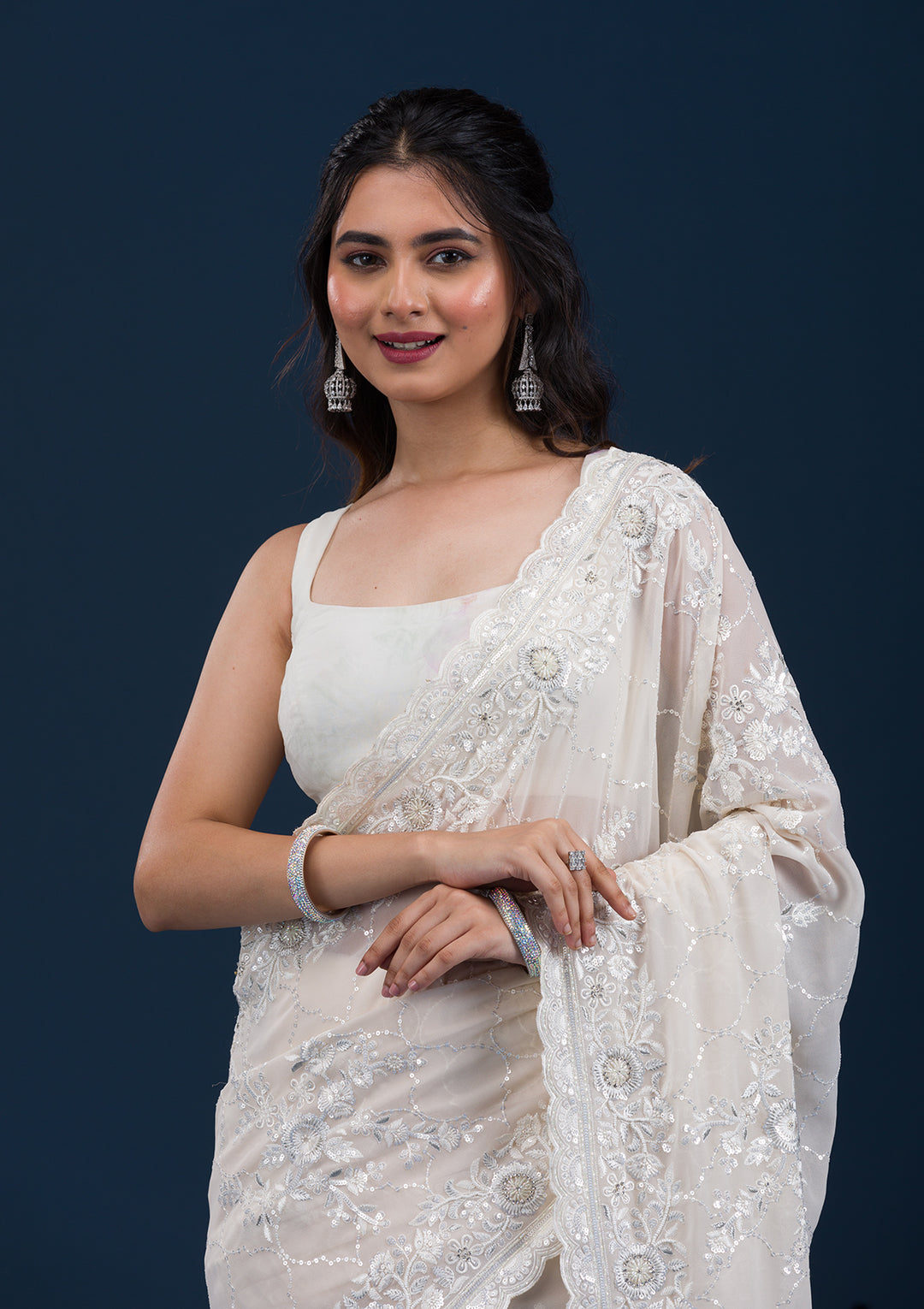 Cream Threadwork Chiffon Saree
