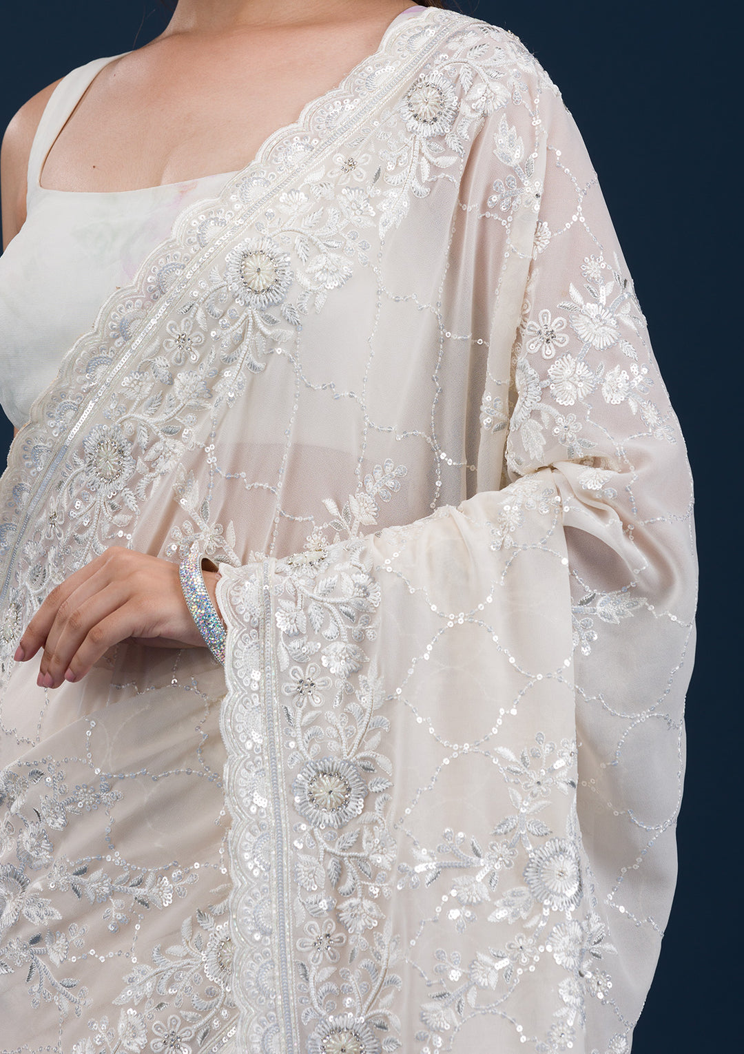 Cream Threadwork Chiffon Saree