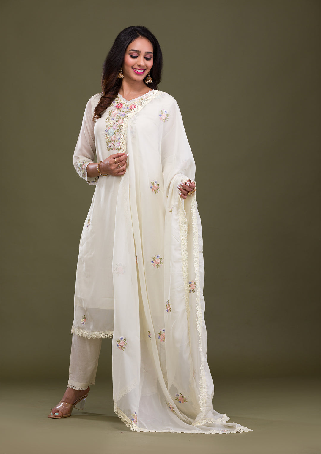 Cream Threadwork Cotton Readymade Salwar Suit