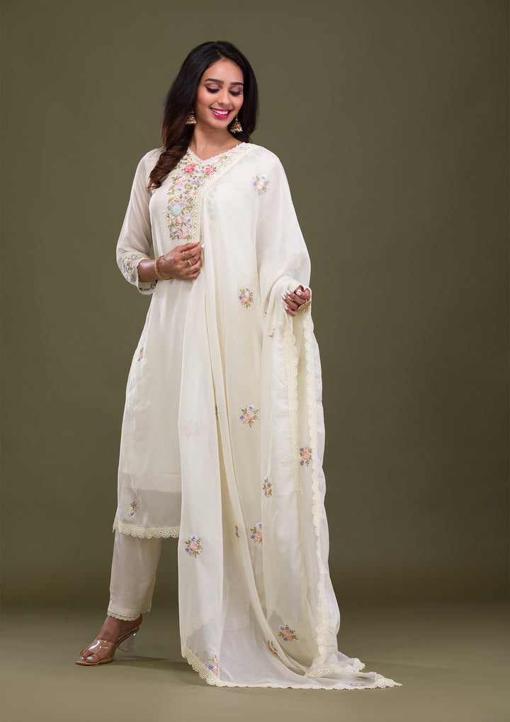 Cream Threadwork Cotton Readymade Salwar Suit