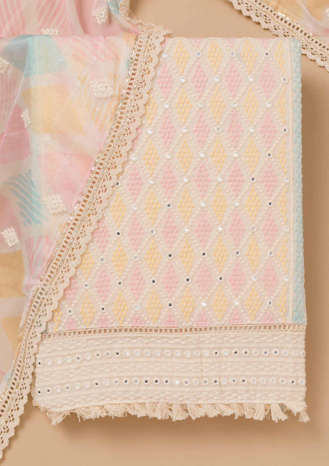 Off White Multi Cotton Floral Threadwork Unstitched Dress Material With Matching Bottom And Dupatta