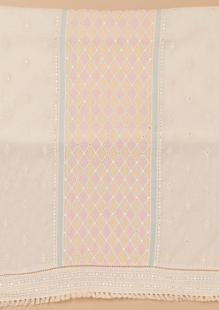 Off White Multi Cotton Floral Threadwork Unstitched Dress Material With Matching Bottom And Dupatta
