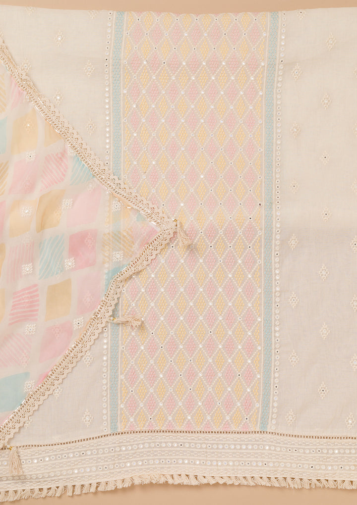 Off White Multi Cotton Floral Threadwork Unstitched Dress Material With Matching Bottom And Dupatta