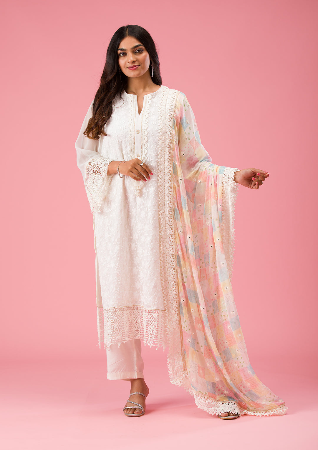 Off White Multi Georgette Threadwork Unstitched Dress Material With Matching Bottom And Dupatta
