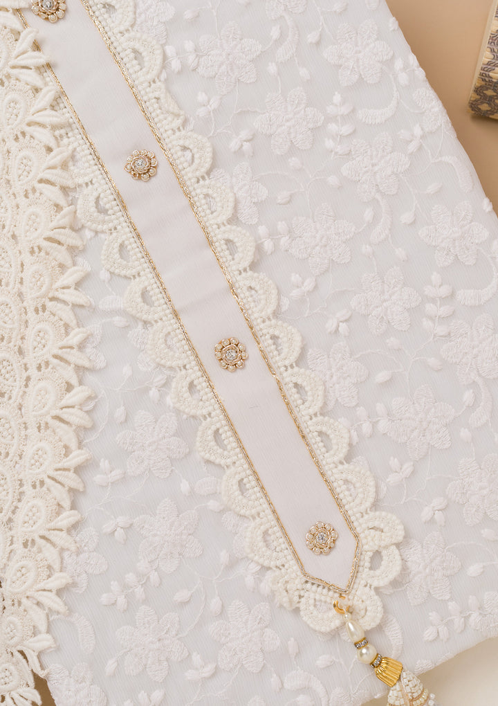 Off White Multi Georgette Threadwork Unstitched Dress Material With Matching Bottom And Dupatta