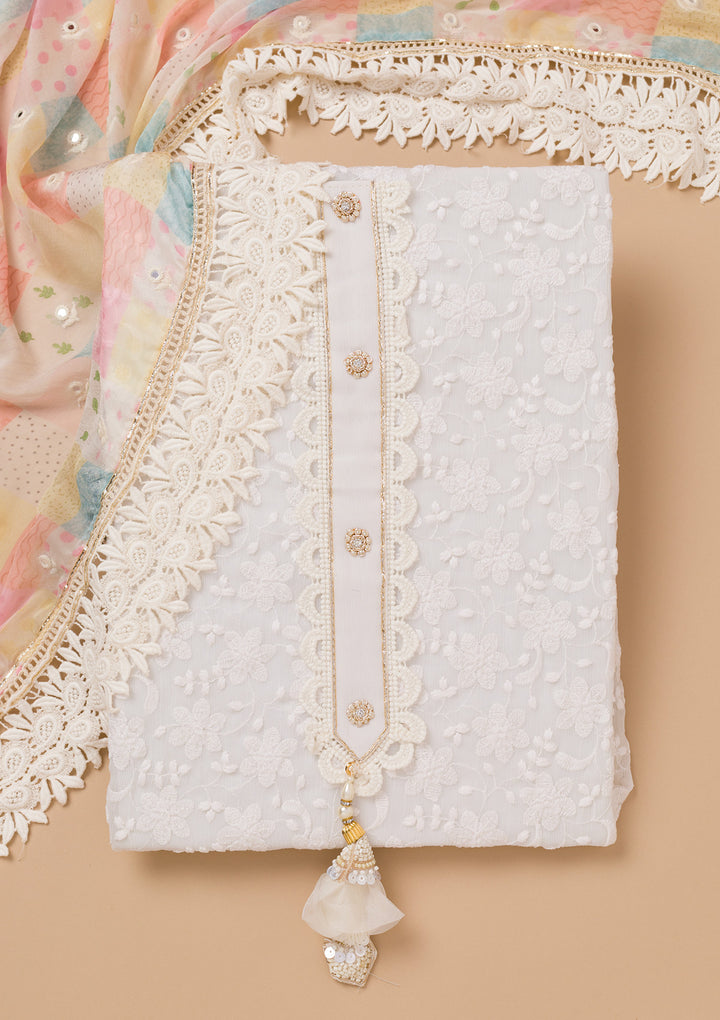 Off White Multi Georgette Threadwork Unstitched Dress Material With Matching Bottom And Dupatta