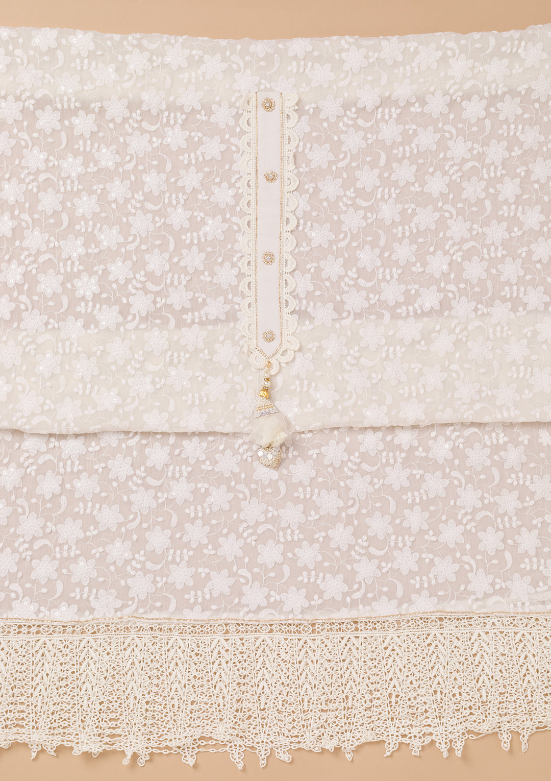 Off White Multi Georgette Threadwork Unstitched Dress Material With Matching Bottom And Dupatta