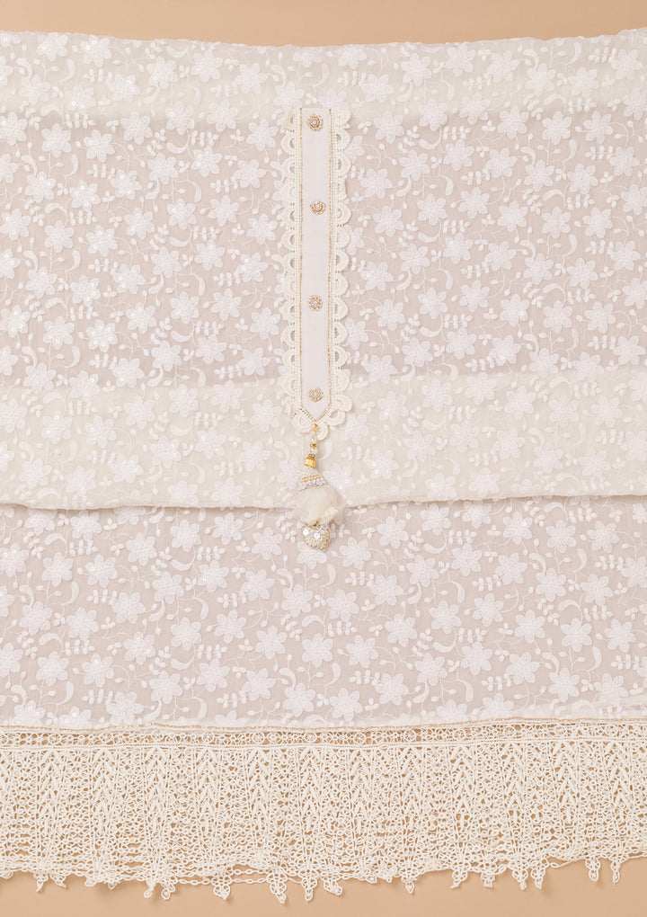 Off White Multi Georgette Threadwork Unstitched Dress Material With Matching Bottom And Dupatta