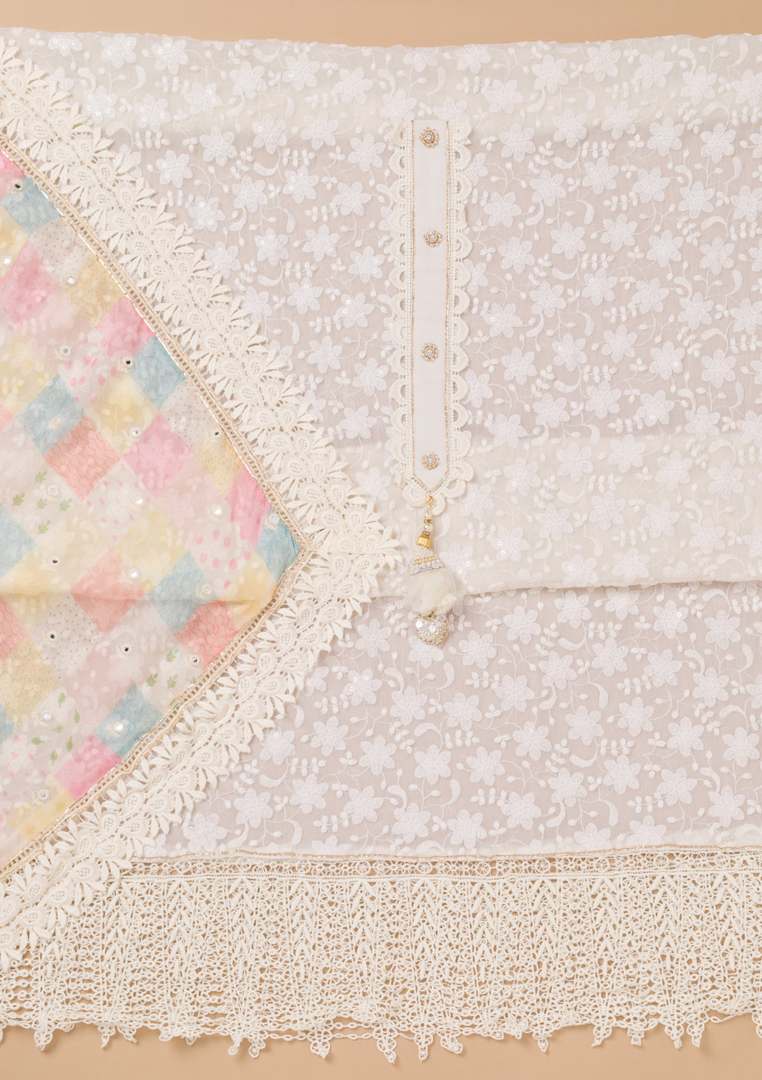 Off White Multi Georgette Threadwork Unstitched Dress Material With Matching Bottom And Dupatta