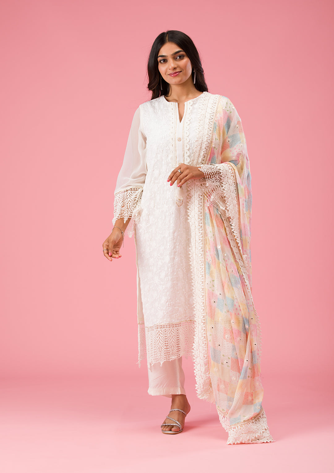 Off White Multi Georgette Threadwork Unstitched Dress Material With Matching Bottom And Dupatta