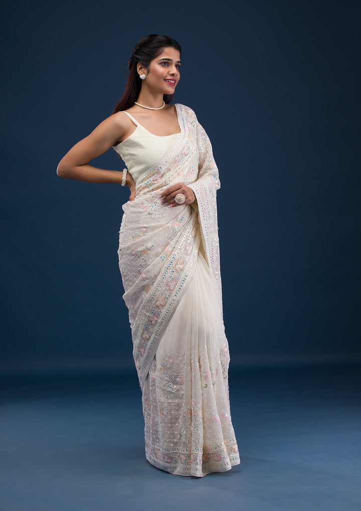 Cream Threadwork Georgette Saree
