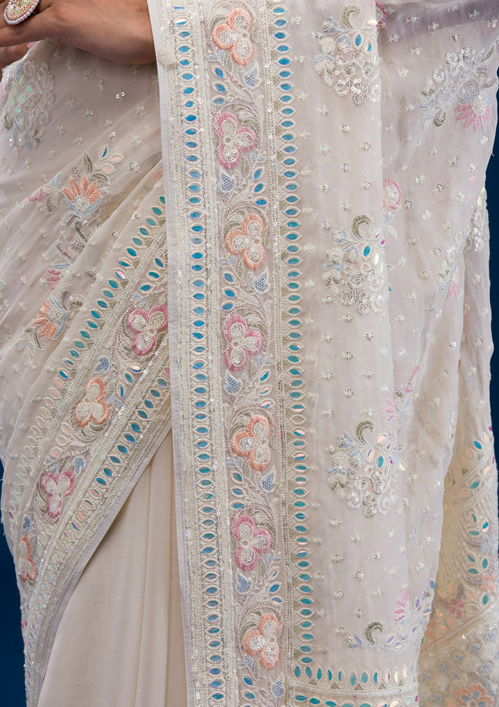Cream Threadwork Georgette Saree