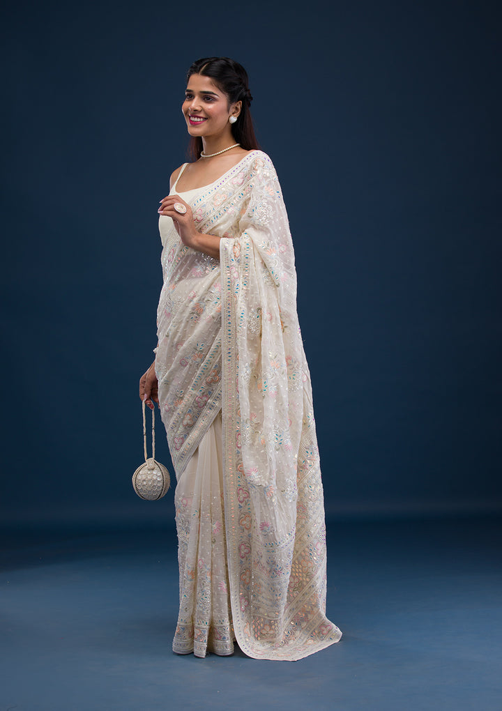 Cream Threadwork Georgette Saree
