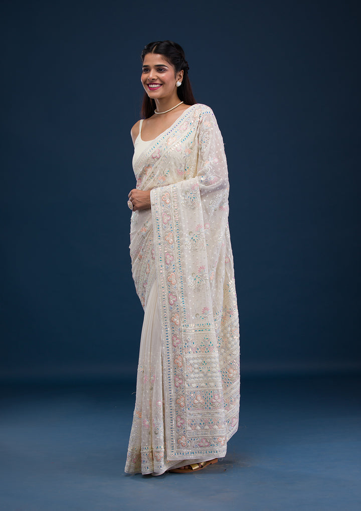 Cream Threadwork Georgette Saree