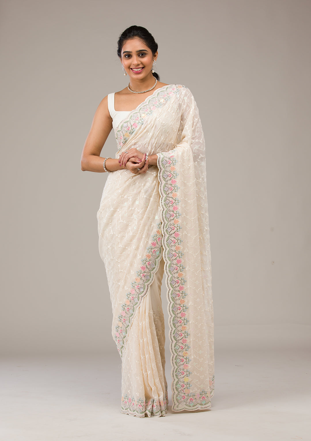 Cream Threadwork Tissue Saree