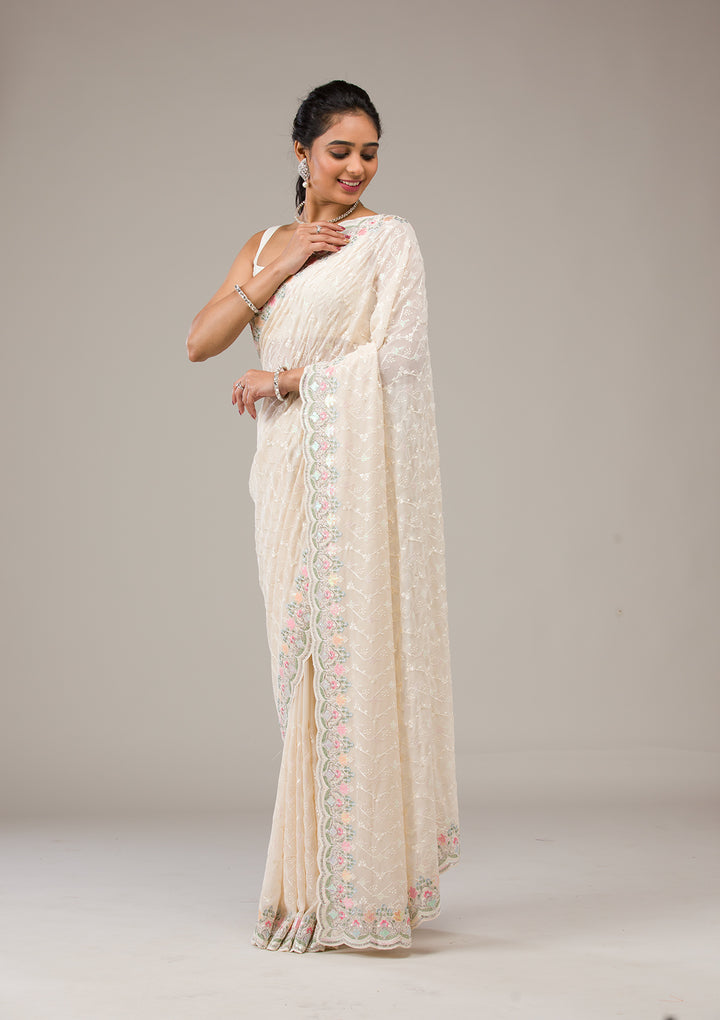 Cream Threadwork Tissue Saree