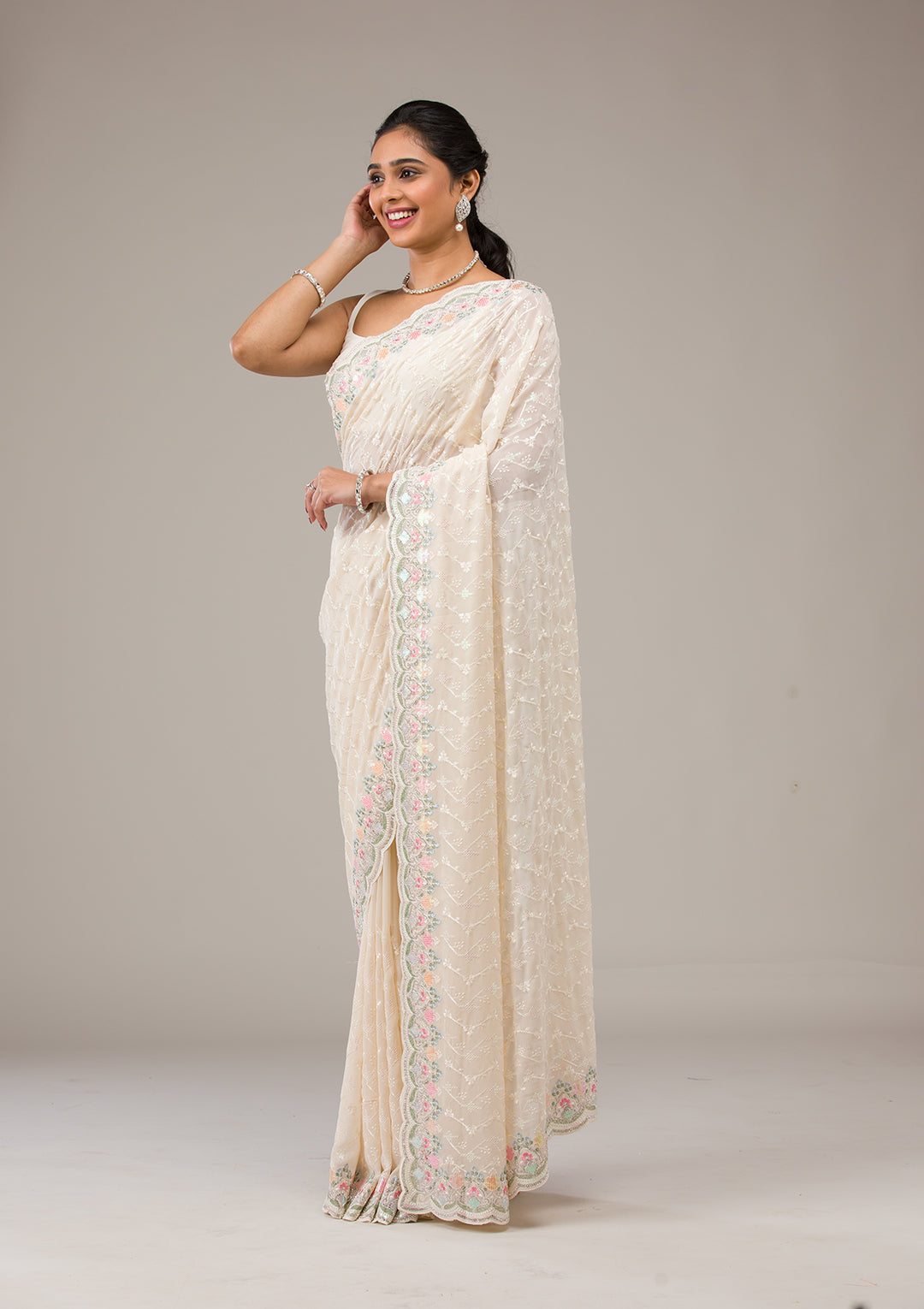 Cream Threadwork Tissue Saree