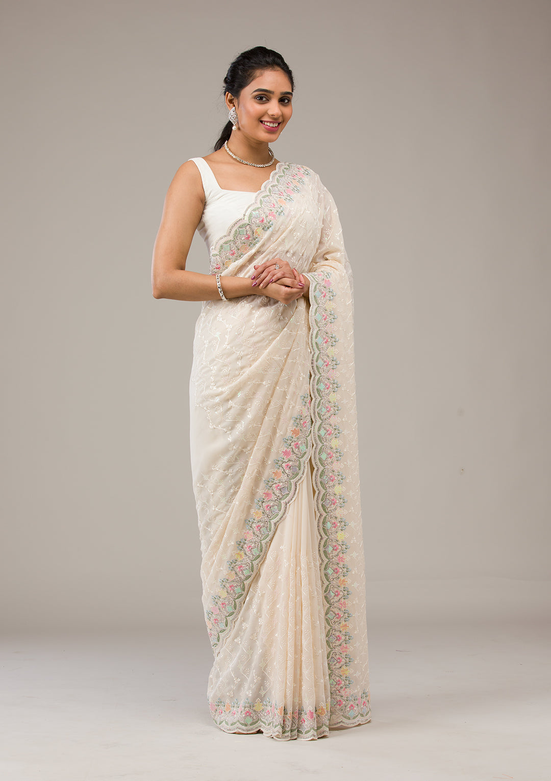 Cream Threadwork Tissue Saree