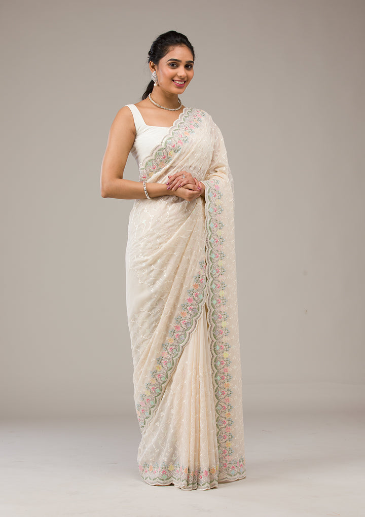 Cream Threadwork Tissue Saree