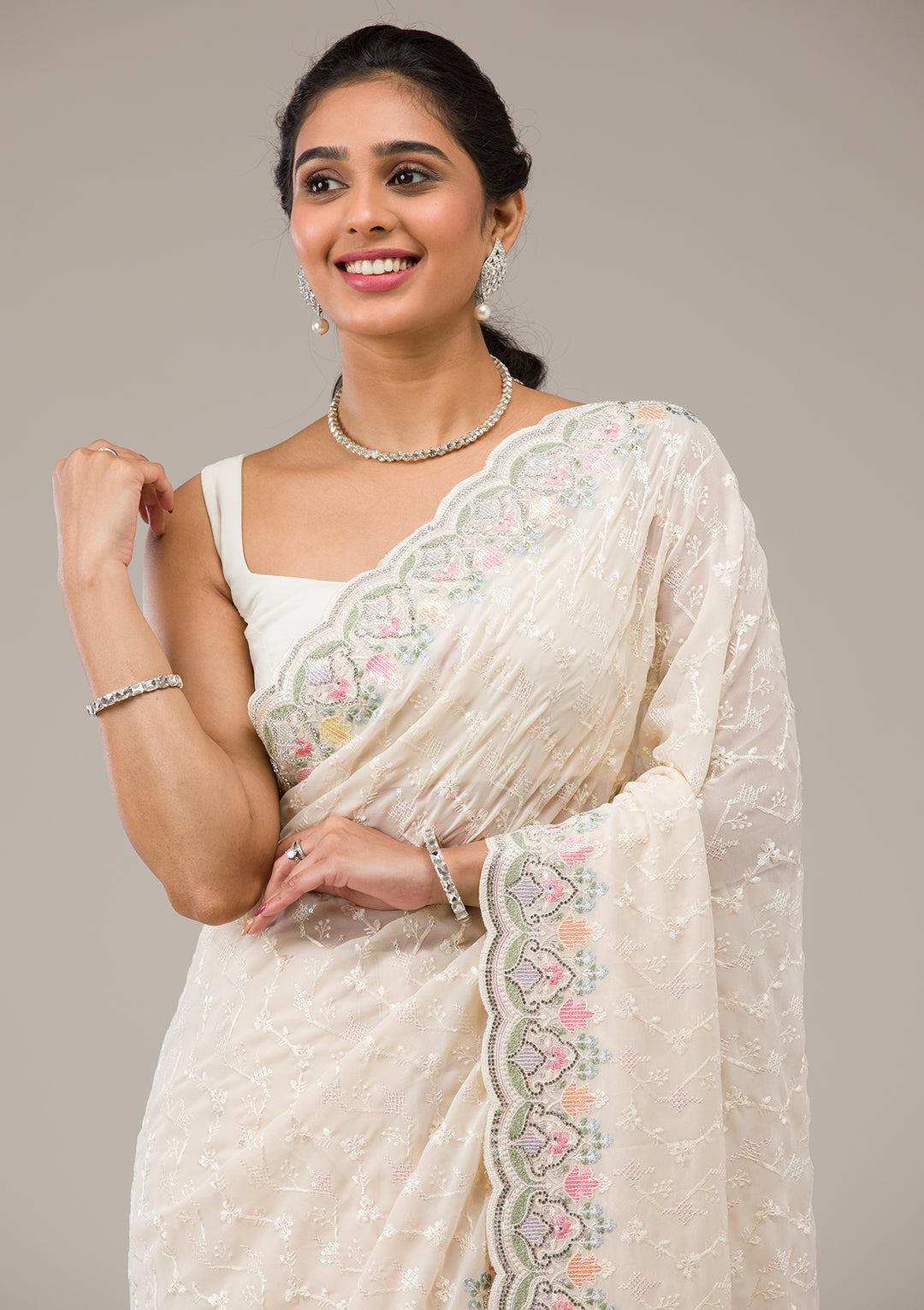 Cream Threadwork Tissue Saree