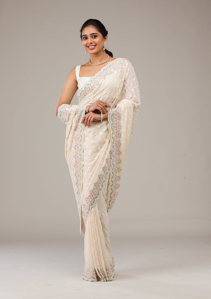 Cream Threadwork Tissue Saree