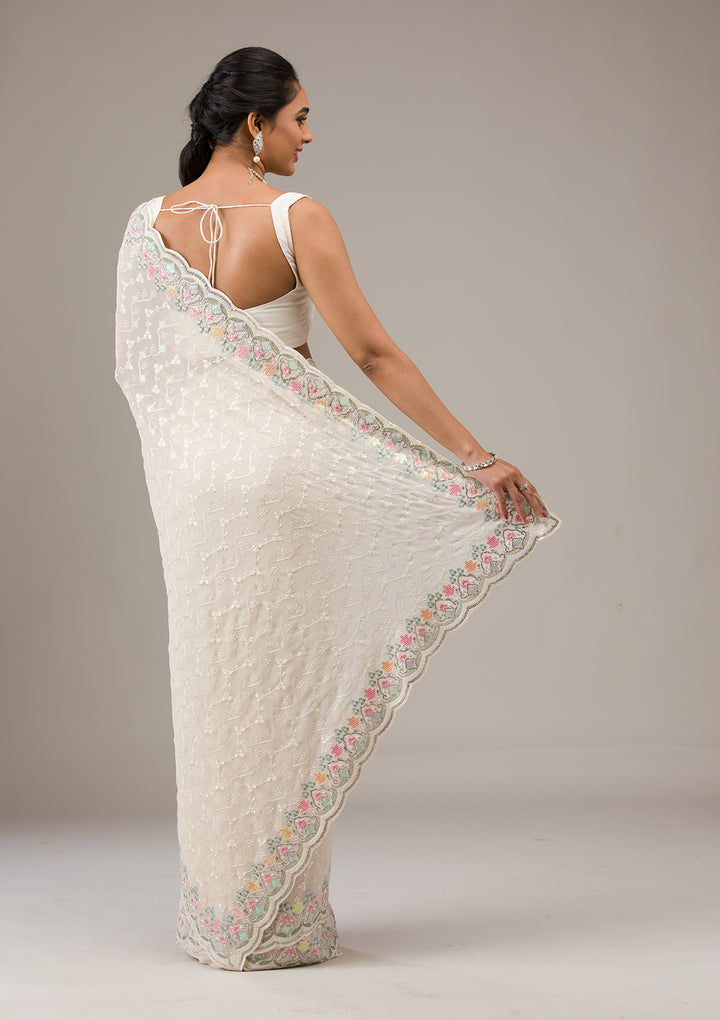 Cream Threadwork Tissue Saree