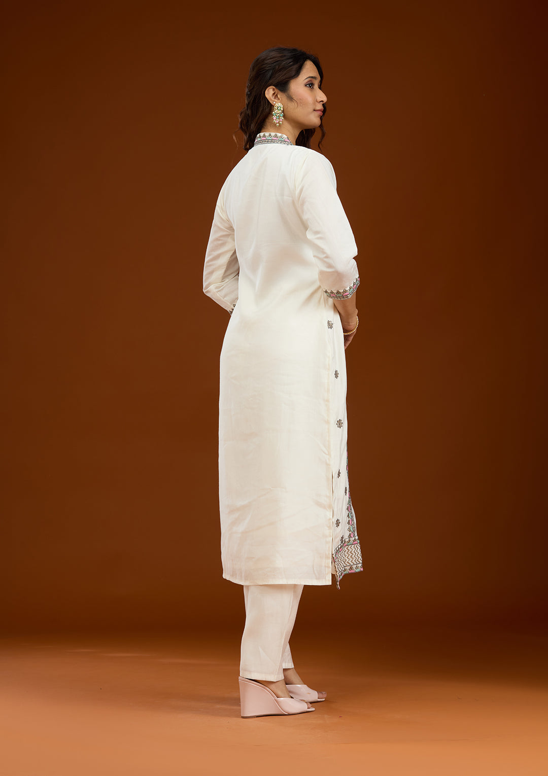 Cream Threadwork Semi Crepe Readymade Salwar Suit