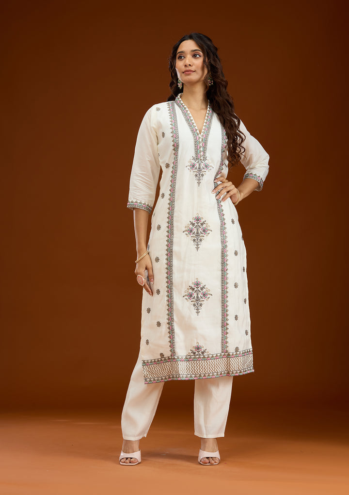 Cream Threadwork Semi Crepe Readymade Salwar Suit