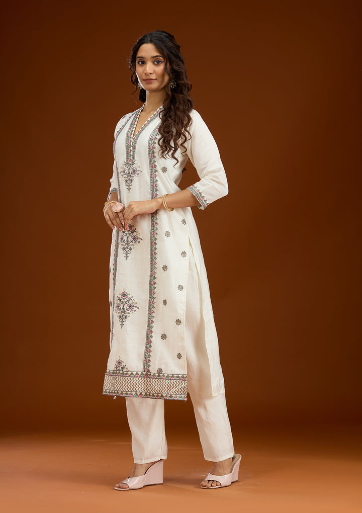 Cream Threadwork Semi Crepe Readymade Salwar Suit