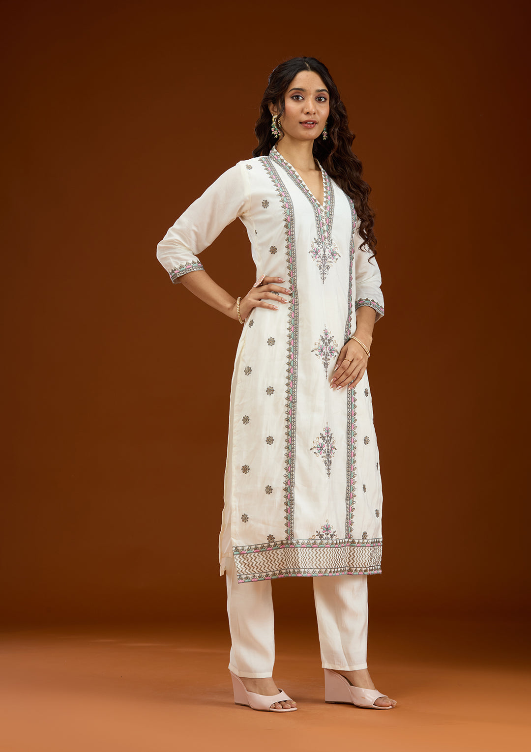 Cream Threadwork Semi Crepe Readymade Salwar Suit