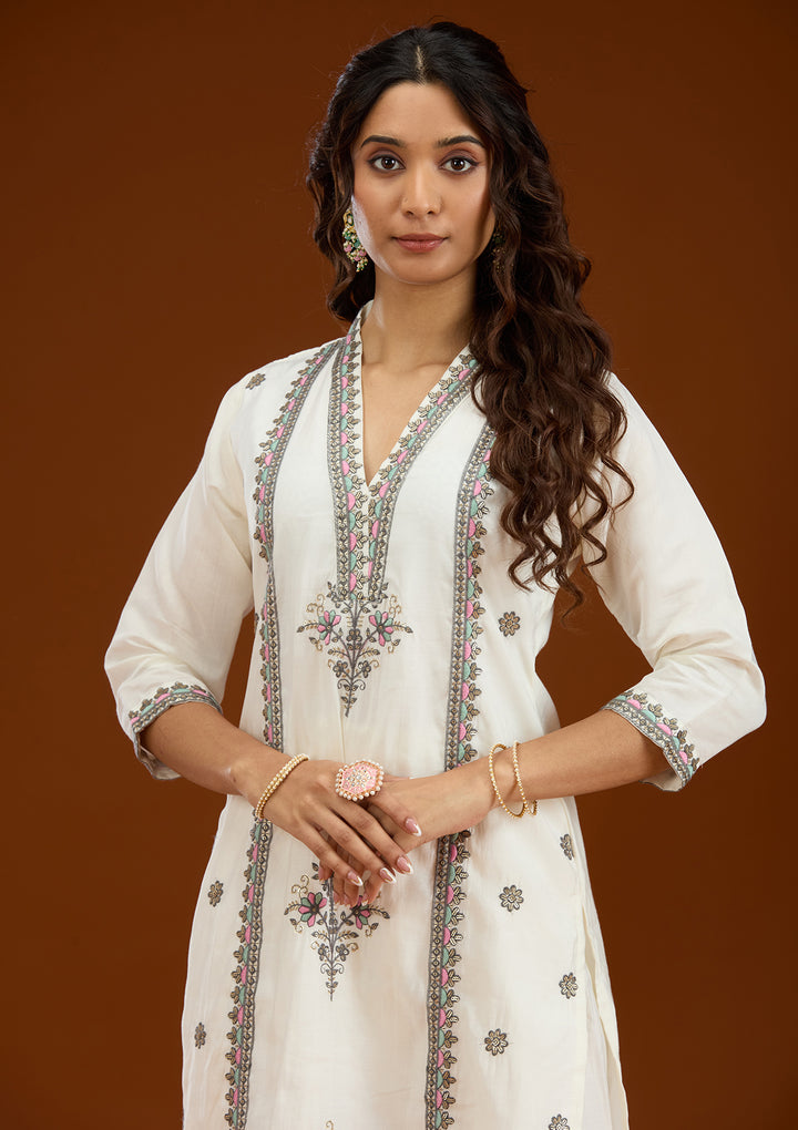 Cream Threadwork Semi Crepe Readymade Salwar Suit