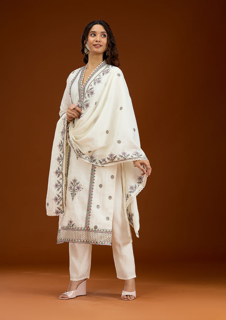 Cream Threadwork Semi Crepe Readymade Salwar Suit
