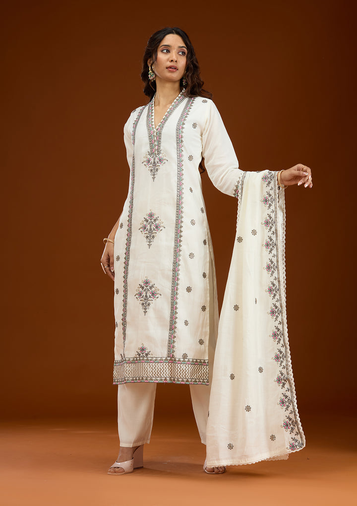Cream Threadwork Semi Crepe Readymade Salwar Suit