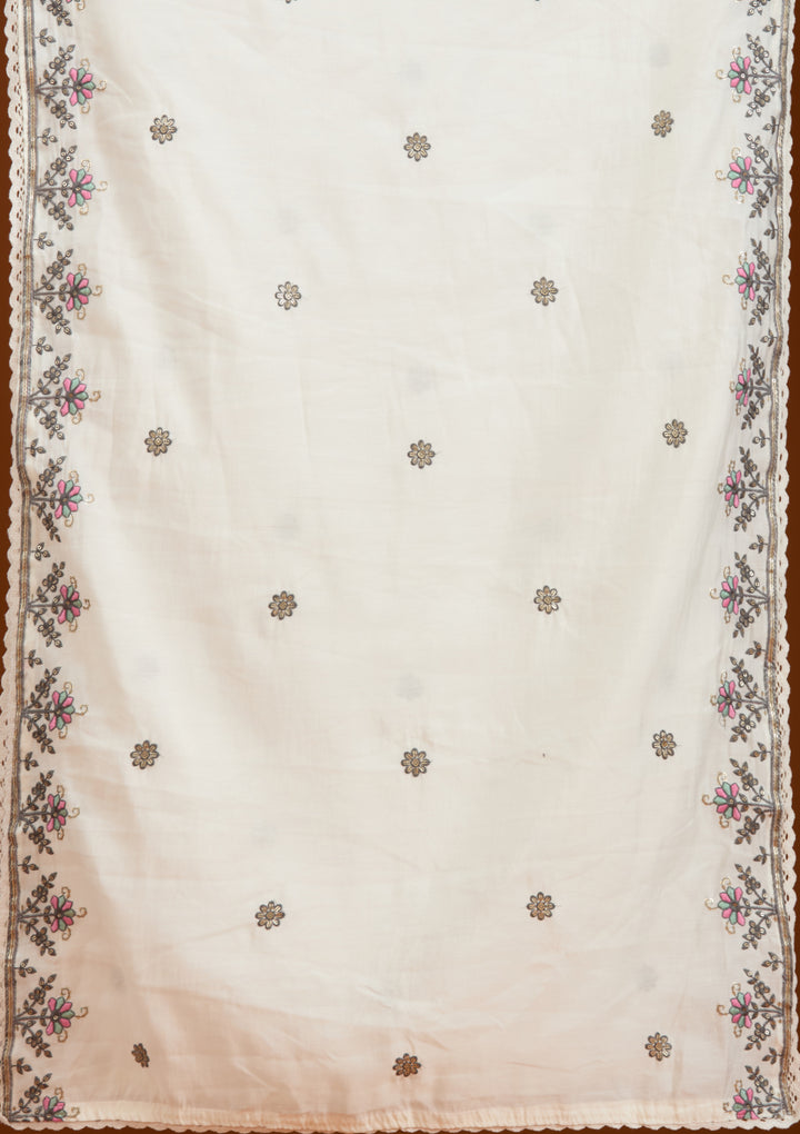 Cream Threadwork Semi Crepe Readymade Salwar Suit