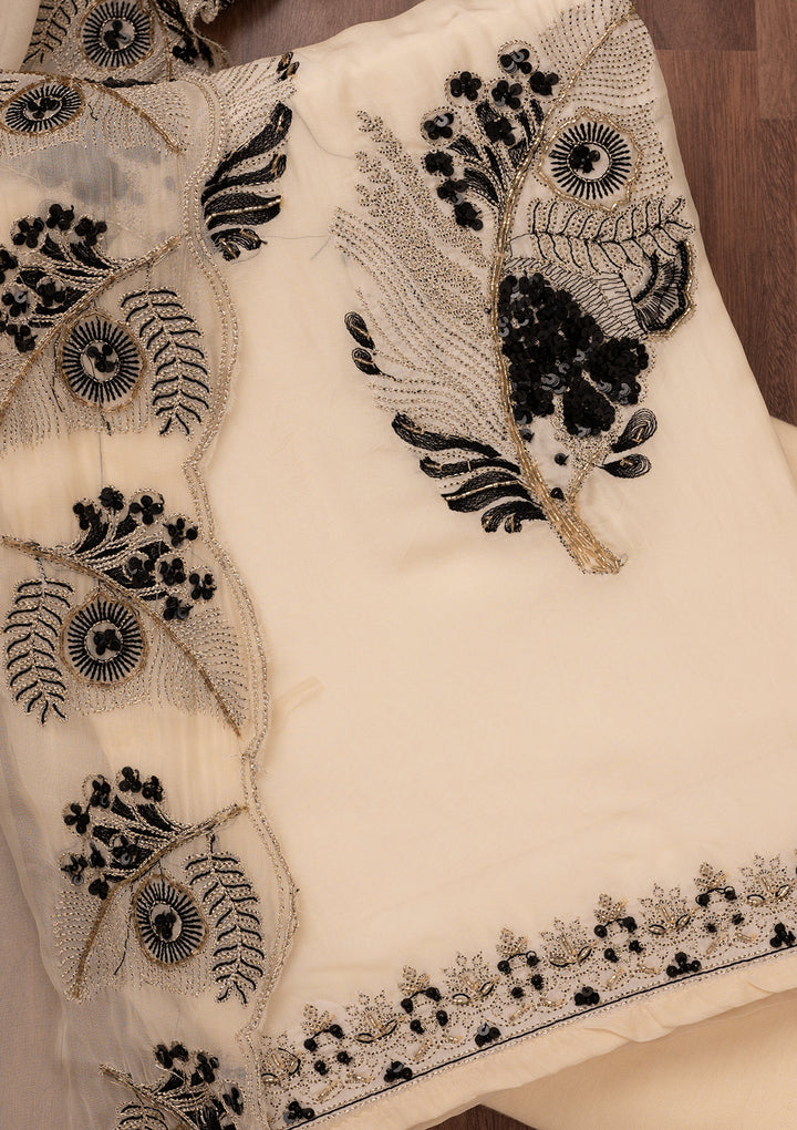 Off White Organza Threadwork Unstitched Dress Material With Matching Bottom And Dupatta