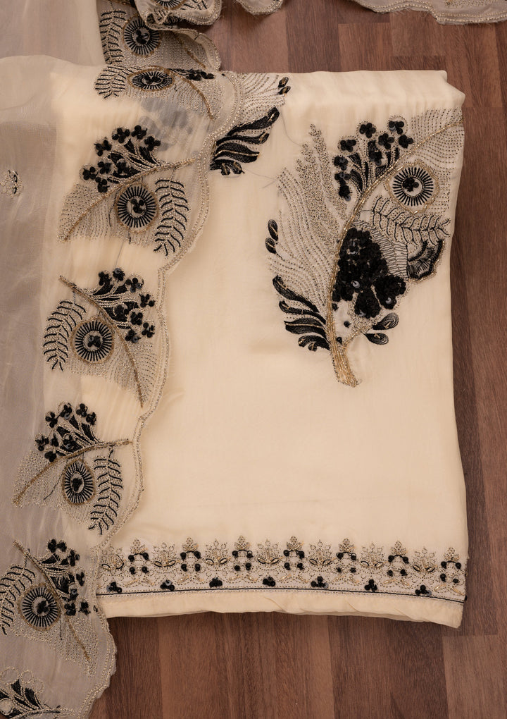 Off White Organza Threadwork Unstitched Dress Material With Matching Bottom And Dupatta