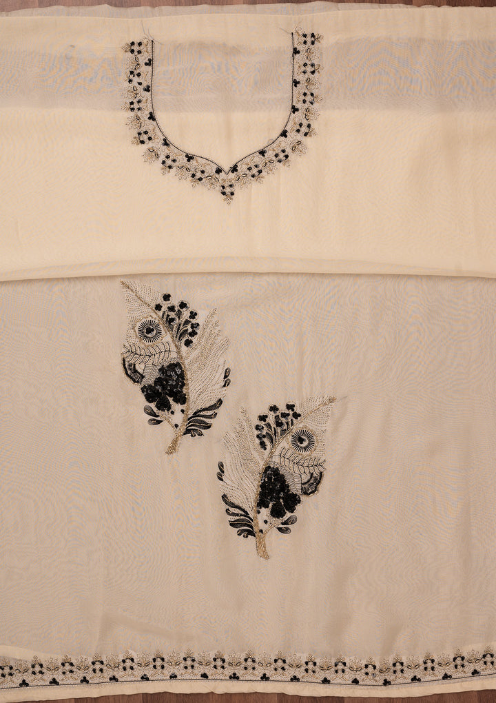 Off White Organza Threadwork Unstitched Dress Material With Matching Bottom And Dupatta