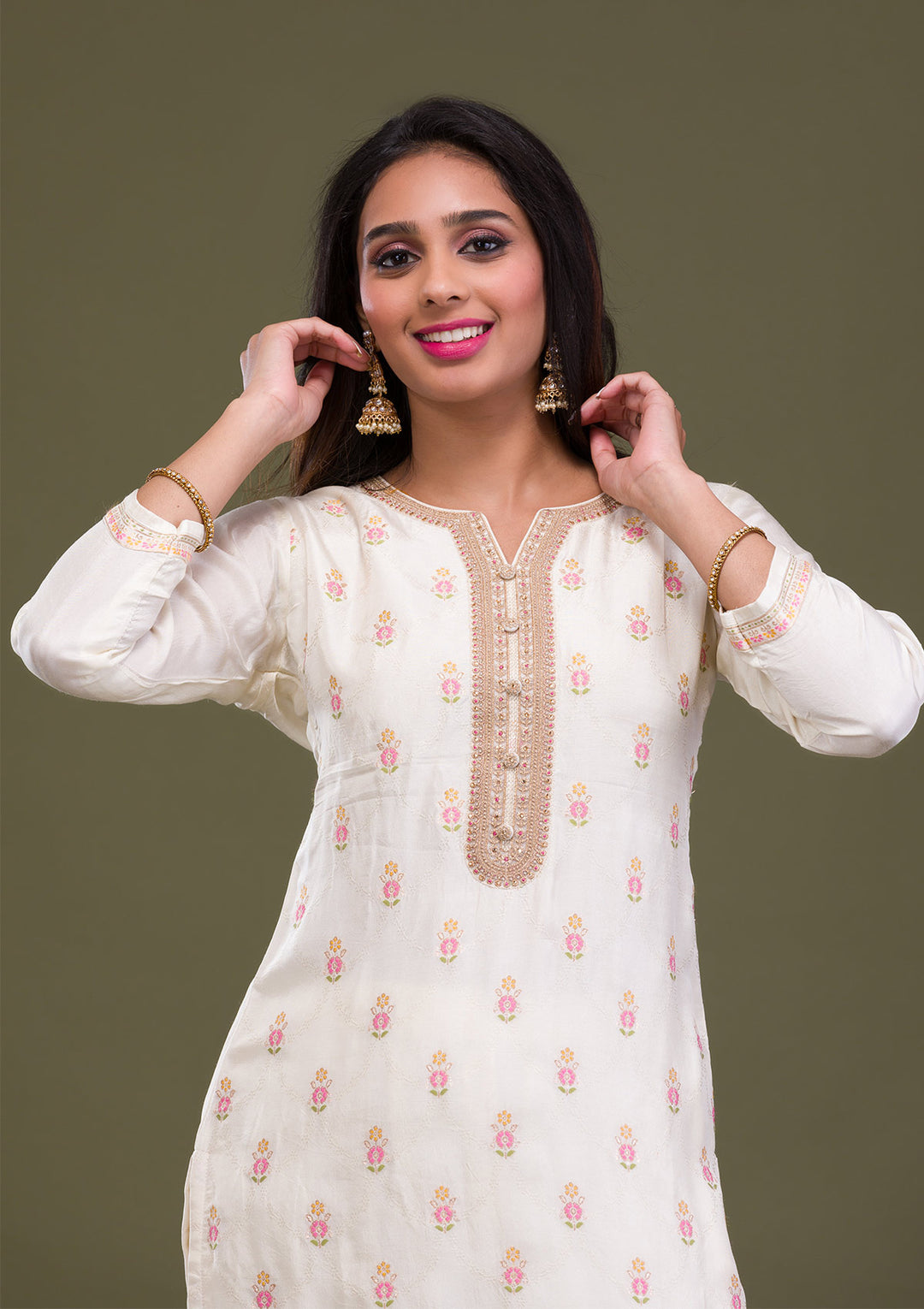 Cream Zariwork Art Silk Readymade Salwar Suit