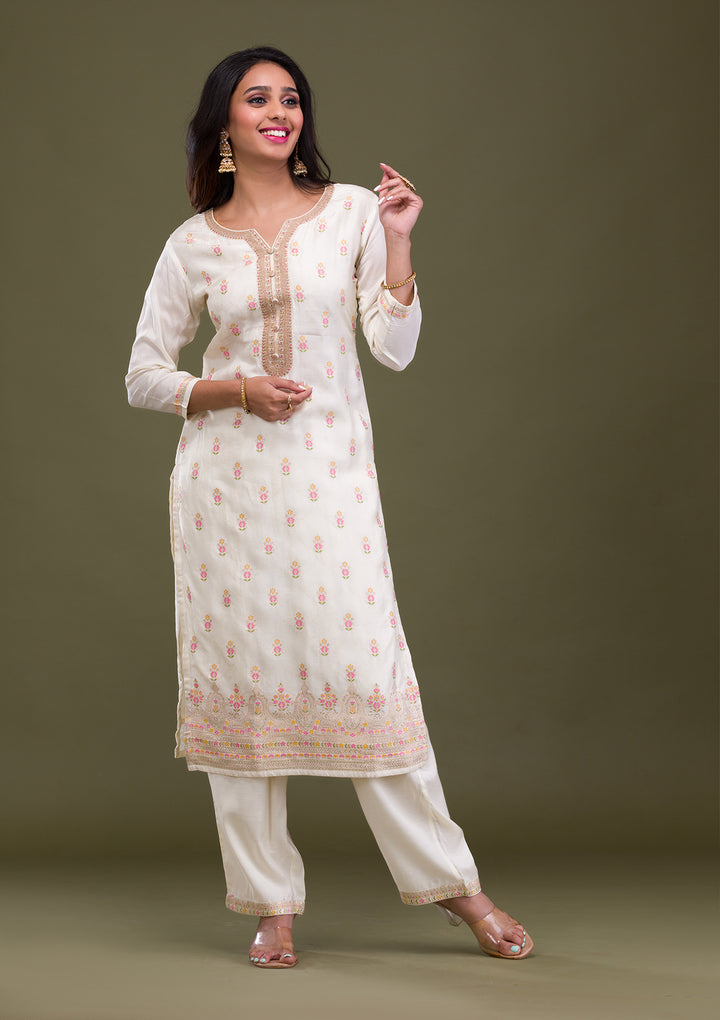 Cream Zariwork Art Silk Readymade Salwar Suit