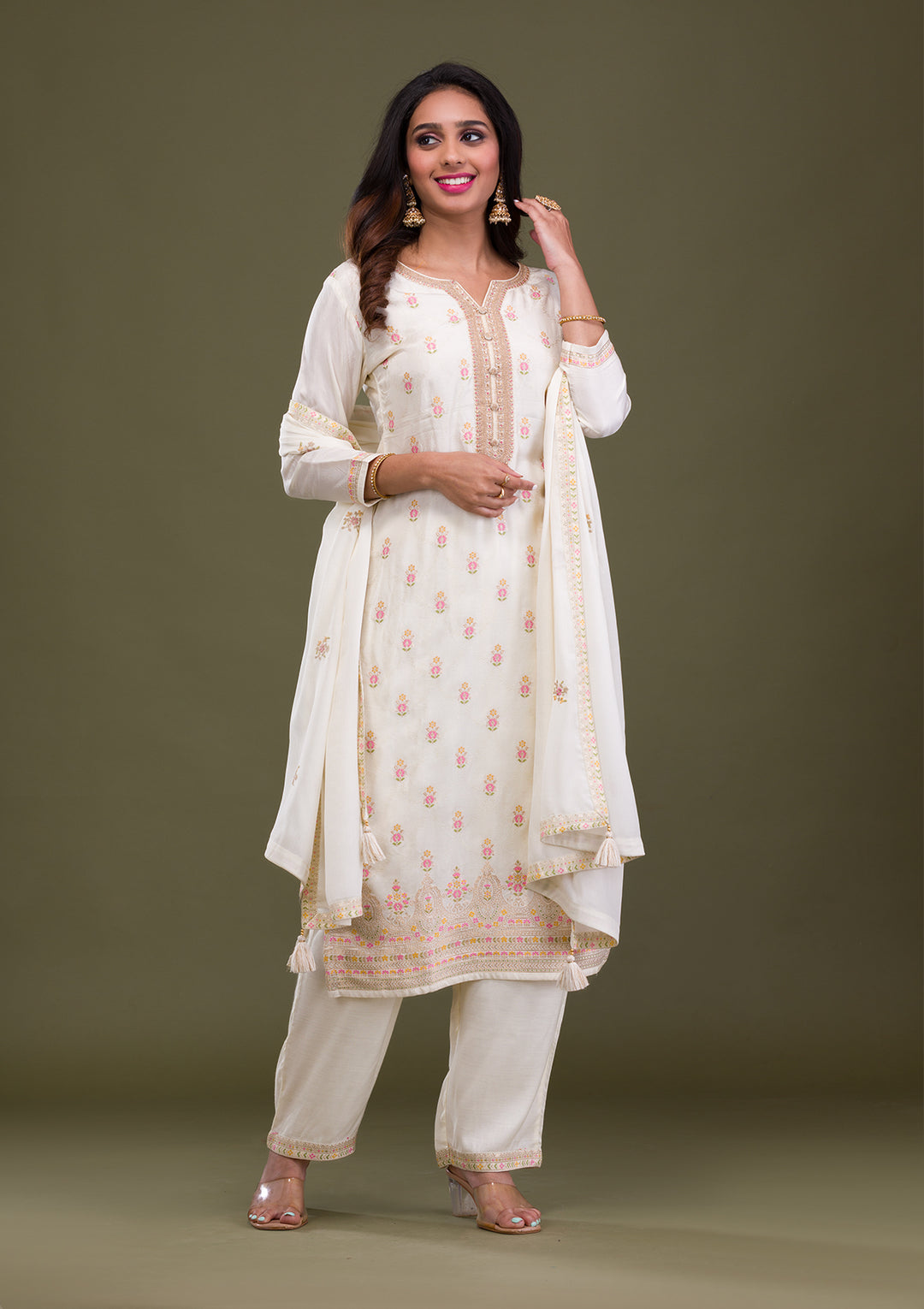 Cream Zariwork Art Silk Readymade Salwar Suit