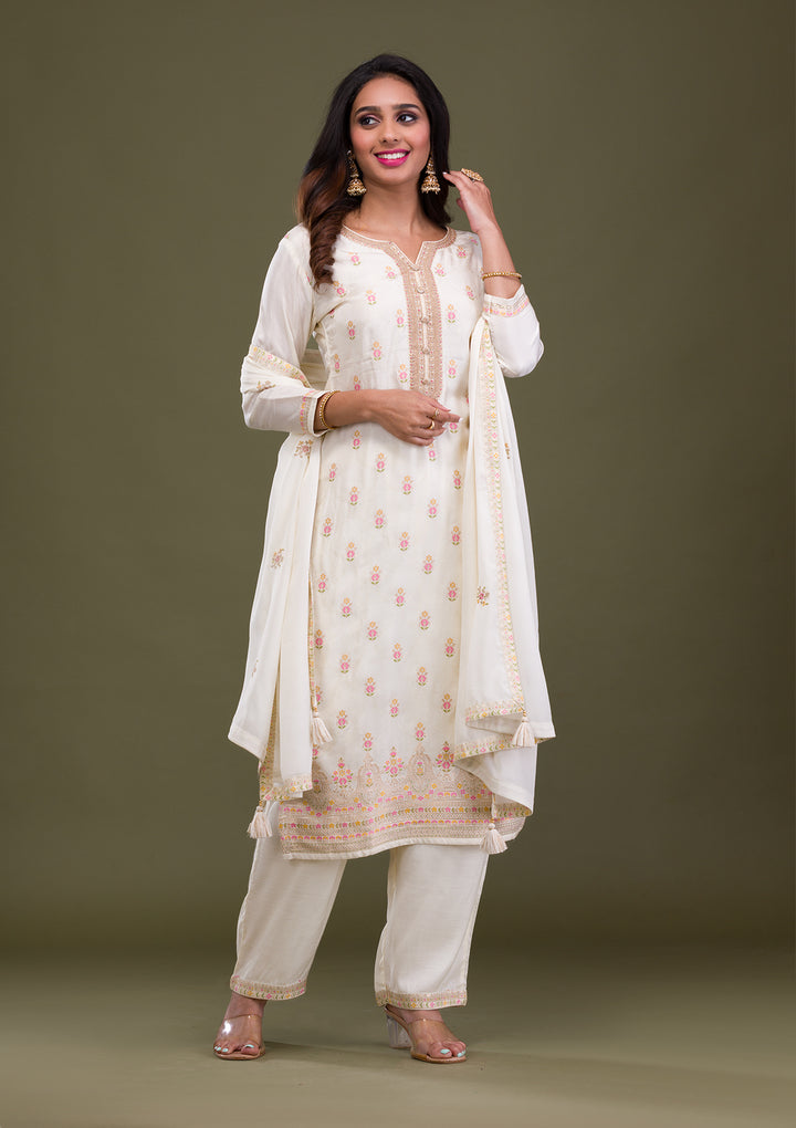 Cream Zariwork Art Silk Readymade Salwar Suit