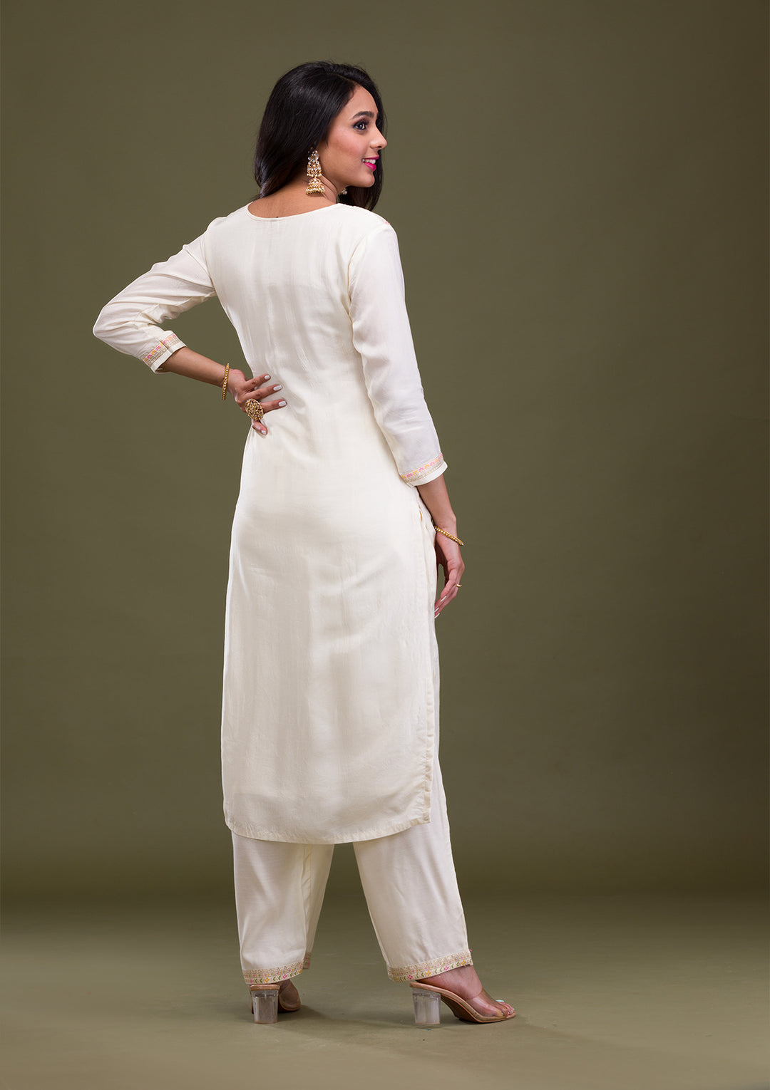 Cream Zariwork Art Silk Readymade Salwar Suit