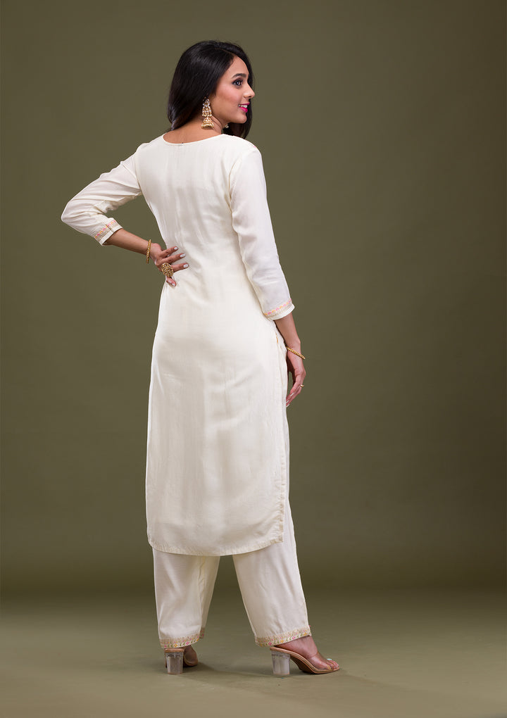 Cream Zariwork Art Silk Readymade Salwar Suit