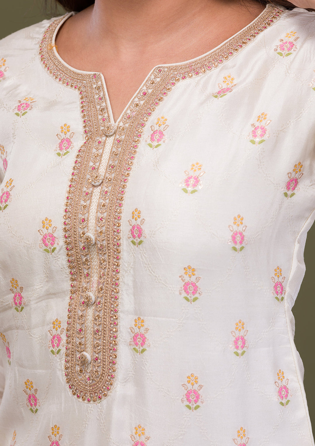 Cream Zariwork Art Silk Readymade Salwar Suit