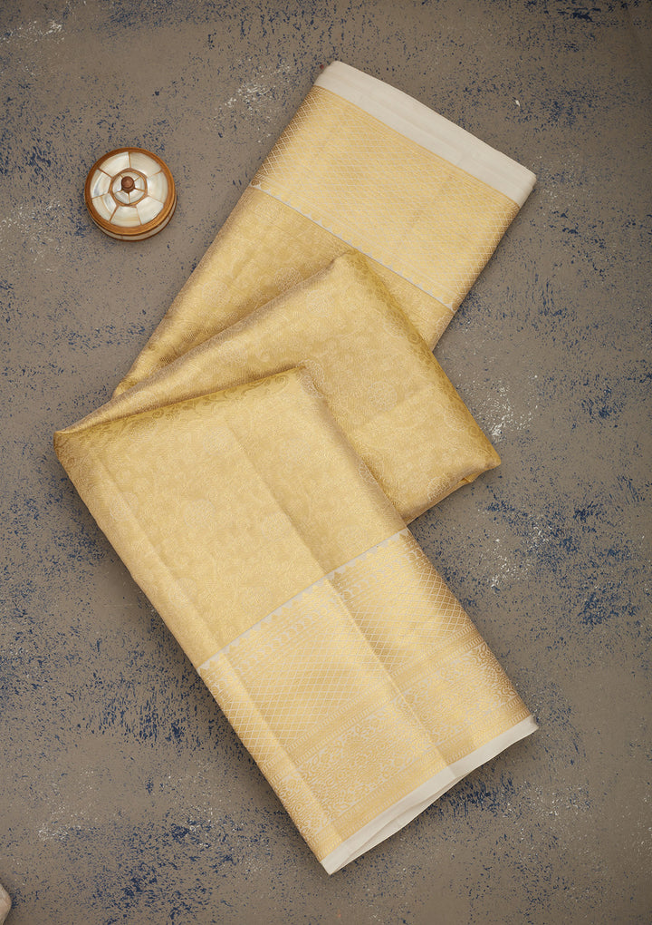 Cream Silk Jaal Gold Zariwork Saree With Matching Blouse Piece