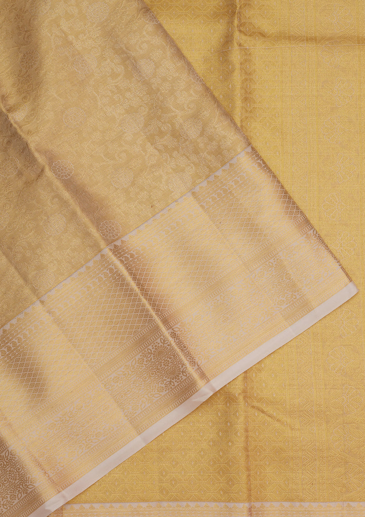 Cream Silk Jaal Gold Zariwork Saree With Matching Blouse Piece