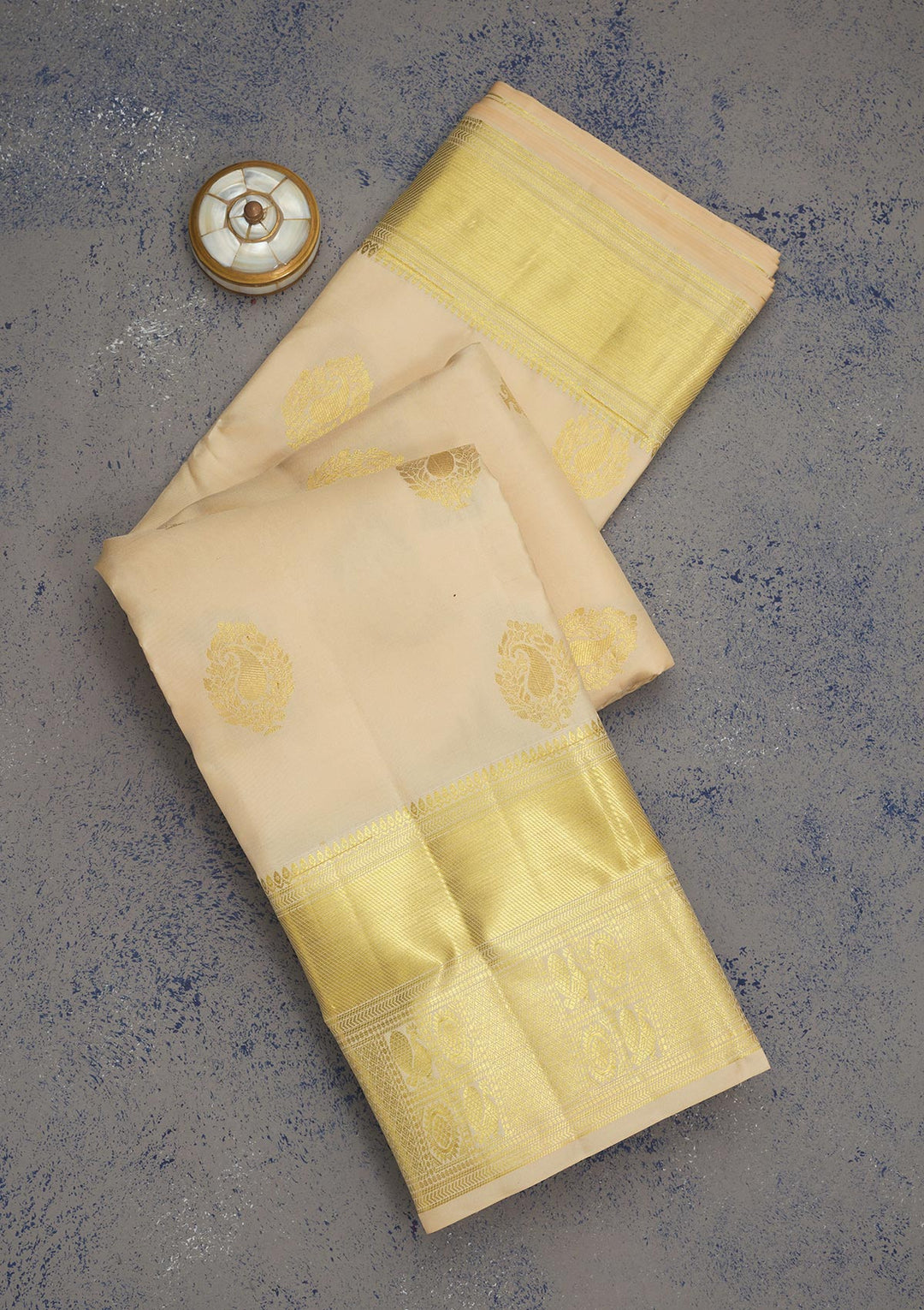 Cream Silk Buti Gold Zariwork Saree With Matching Blouse Piece