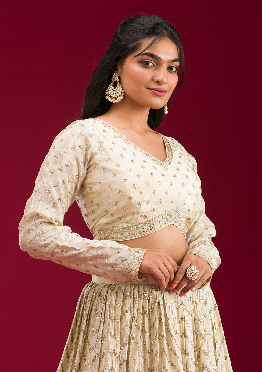 Cream Zariwork Semi Crepe Readymade Lehenga