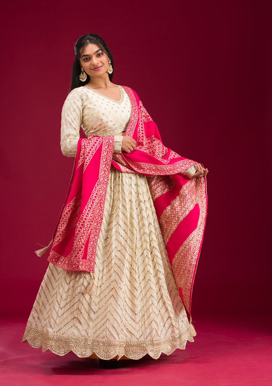 Cream Zariwork Semi Crepe Readymade Lehenga